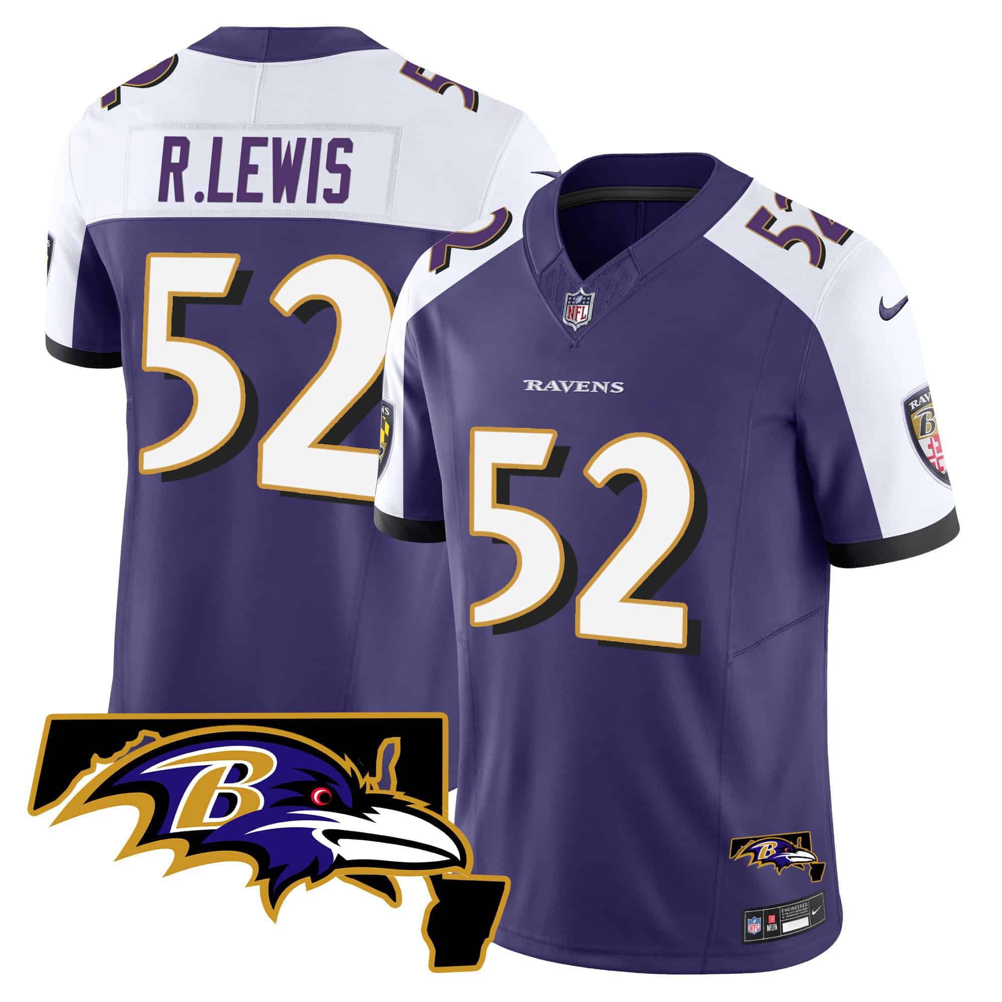 Men Baltimore Ravens 52 R.Lewis Purple 2024 Nike Maryland Patch Vapor Limited NFL Jersey